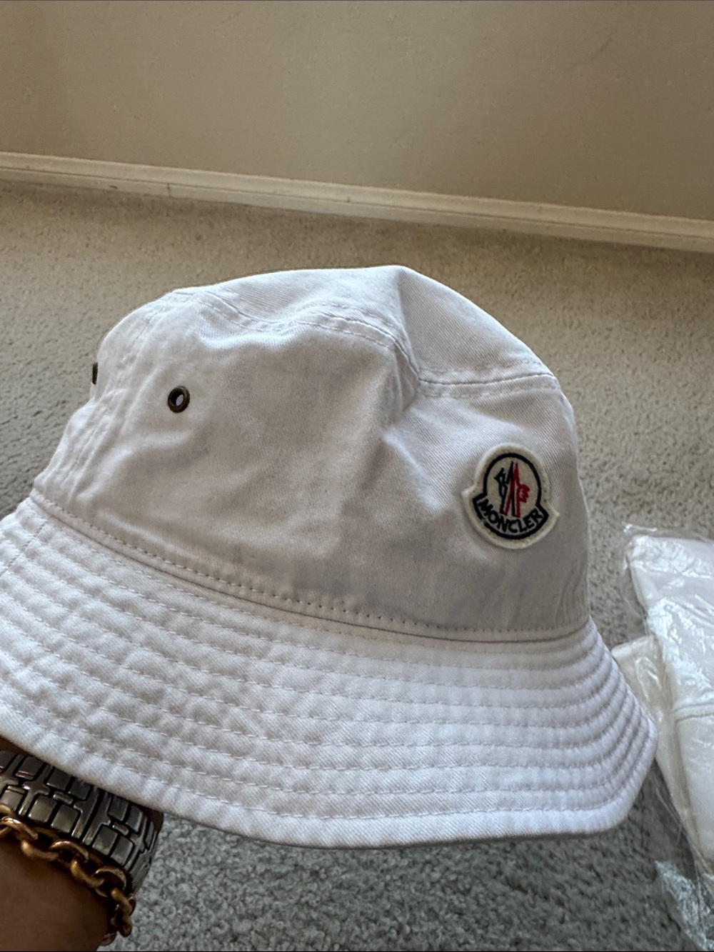 Moncler White Bucket Hat with Logo Patch